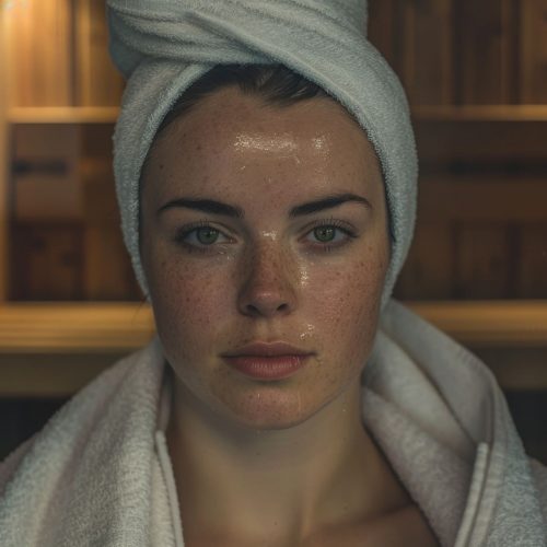 woman wearing towel as makeshift turban possibly postshower after exercising (1) (1)