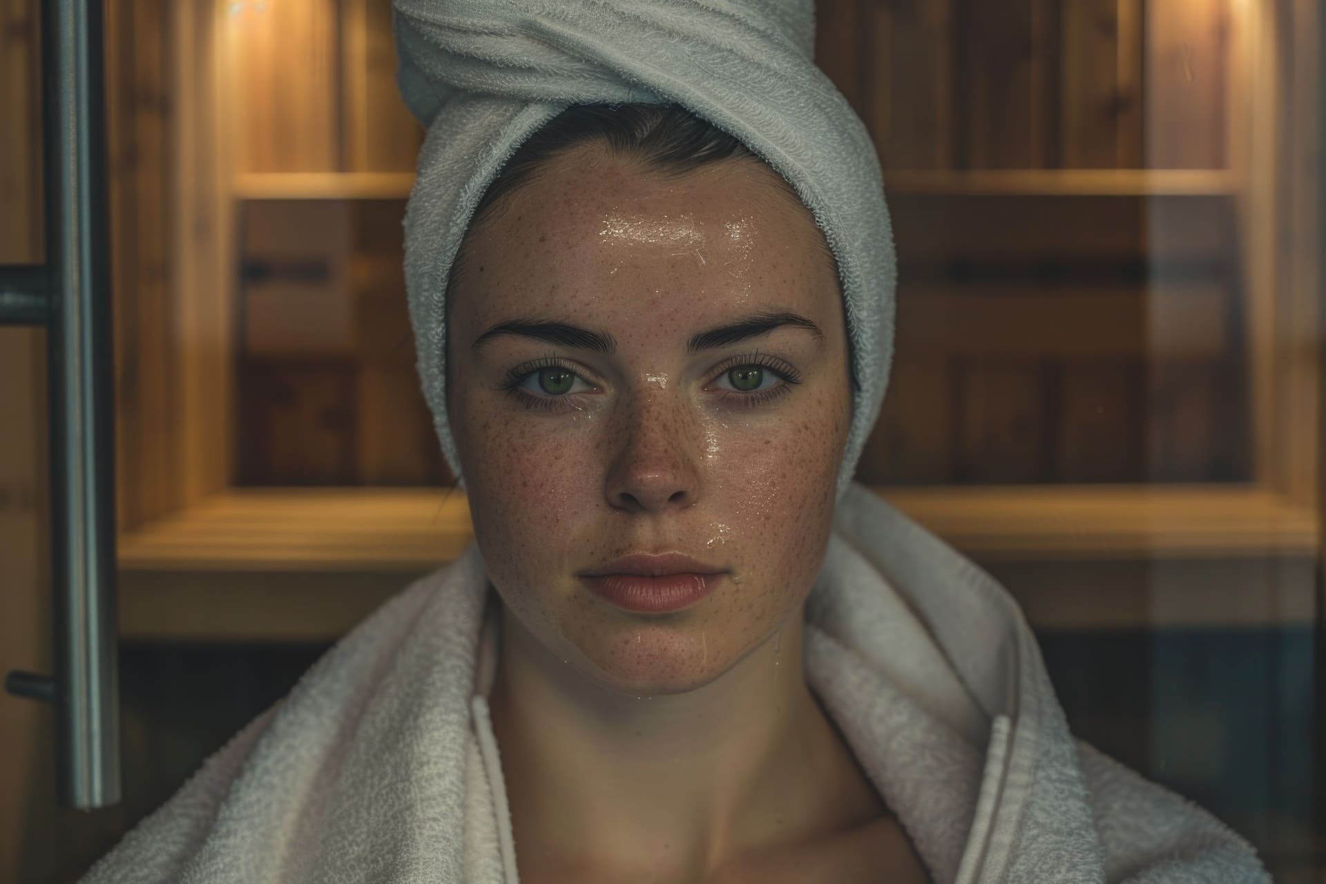 woman wearing towel as makeshift turban possibly postshower after exercising (1) (1)